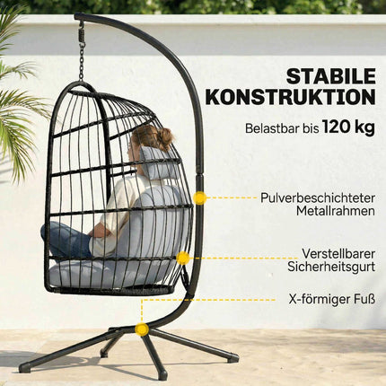 Foldable Polyrattan Hanging Chair with Stand and Cushions