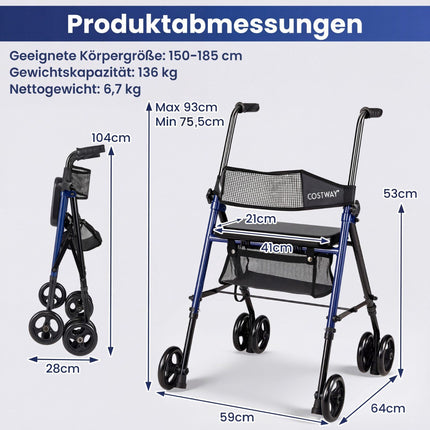 Foldable Rollator with Seat, Adjustable Height, Blue