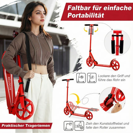 Foldable Scooter with LED Wheels, Adjustable Height, Red