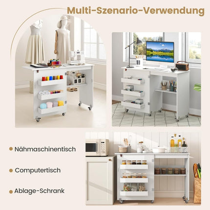 Foldable Sewing Table with Storage, 3 Hidden Compartments