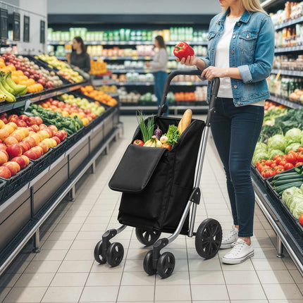 Foldable Shopping Trolley, 46L Bag with Cooler, Black
