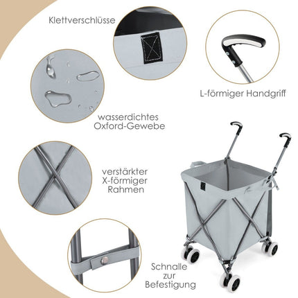 Foldable Shopping Trolley with Wheels Capacity 90L/55kg Handcart with Removable Oxford Bag Gray