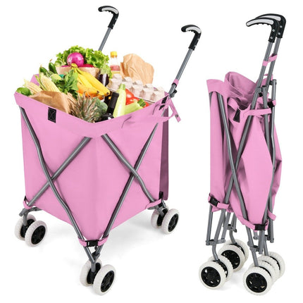 Foldable Shopping Trolley with Wheels Capacity 90L/55kg Handcart with Removable Oxford Bag Pink