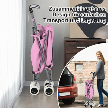 Foldable Shopping Trolley with Wheels Capacity 90L/55kg Handcart with Removable Oxford Bag Pink