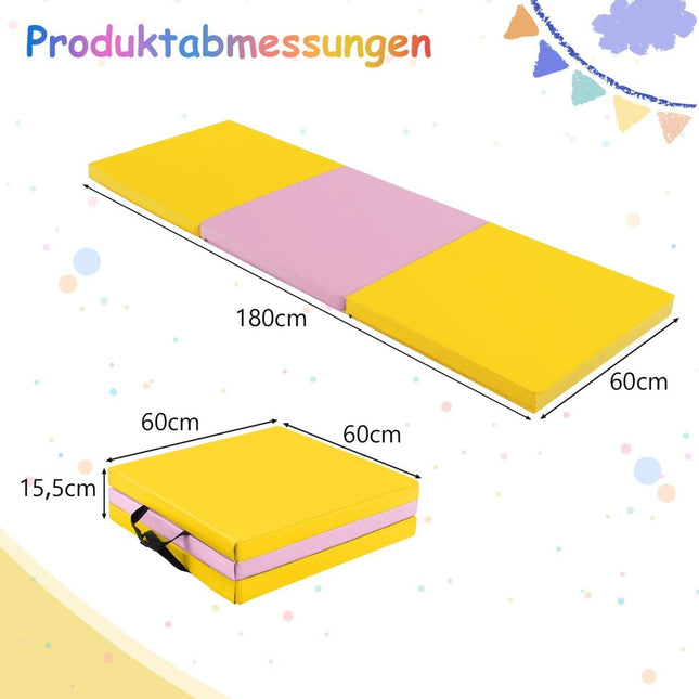 Opvouwbare zachte vloermat met 2 handgrepen antislip gymnastiekmat 180 x 60 x 5 cm roze + geel