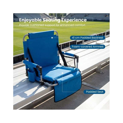 Foldable Stadium Seat with Padded Backrest and Armrests, Blue, Hooks