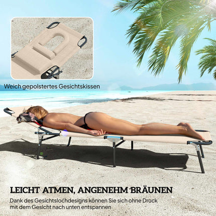 Foldable Sun Lounger with Face Hole, Steel Frame, Beige