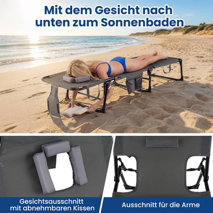 Foldable Sun Lounger with Head & Arm Holes, Adjustable Backrest, Grey