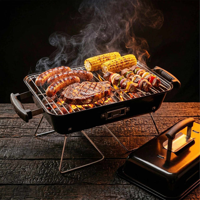 Foldable Tabletop Grill with Lid – Black, 36x56x30.5 cm
