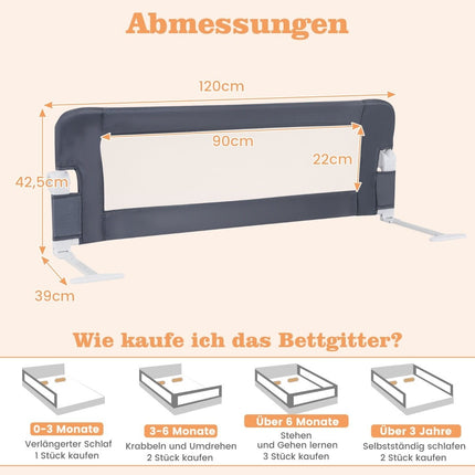 Foldable Toddler Bed Rail with Adjustable Straps, 121x40.5x42 cm, Gray
