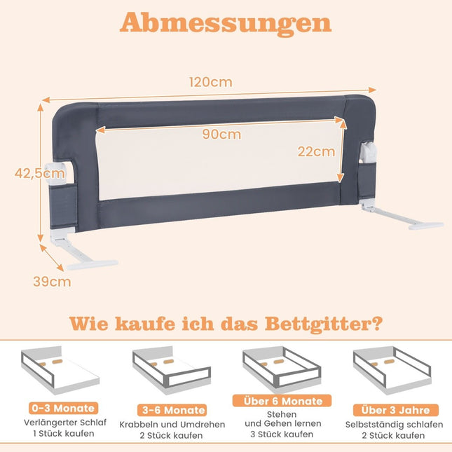 Foldable Toddler Bed Rail with Adjustable Straps, 121x40.5x42 cm, Gray
