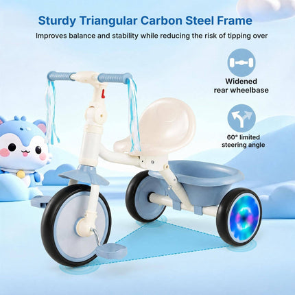 Foldable Toddler Tricycle with Light-Up Wheels for Ages 2-5, Blue, Rear Basket