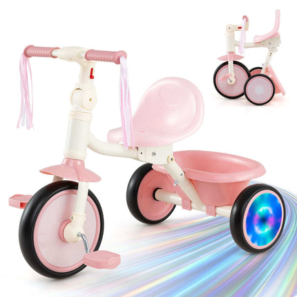 Foldable Toddler Tricycle with Light-Up Wheels for Ages 2-5, Pink, Rear Basket