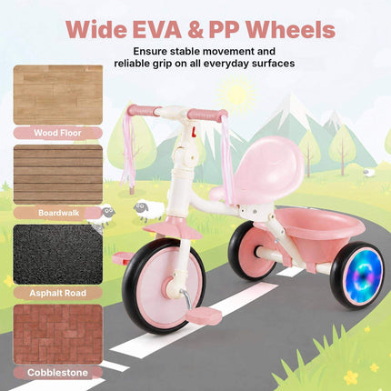 Foldable Toddler Tricycle with Light-Up Wheels for Ages 2-5, Pink, Rear Basket