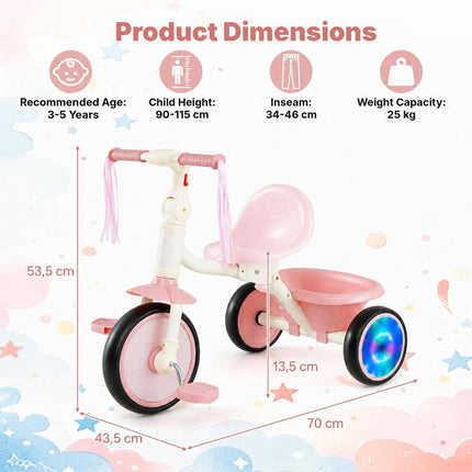 Foldable Toddler Tricycle with Light-Up Wheels for Ages 2-5, Pink, Rear Basket