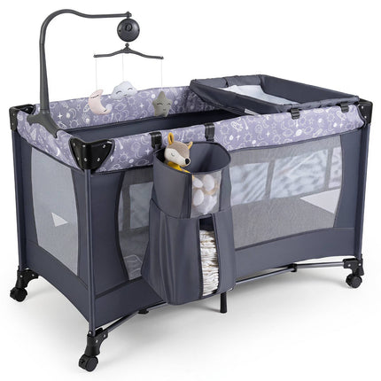 Foldable Travel Baby Cot with Wheels & Changing Table, Grey