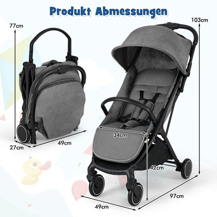 Foldable Travel Stroller with Recline, Adjustable Backrest, Grey
