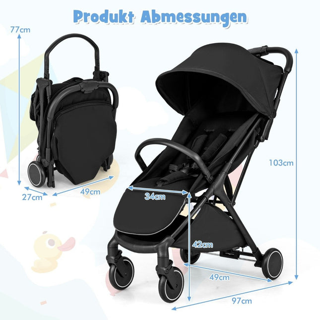 Opvouwbare reiskinderwagen met verstelbare zitting, zwart