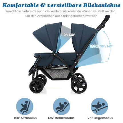 Foldable Twin Stroller, Adjustable Backrest, 30kg Capacity
