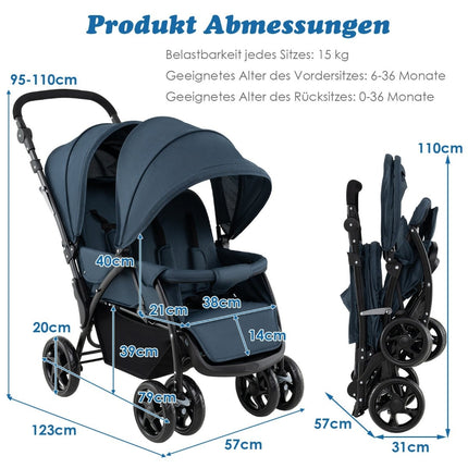 Foldable Twin Stroller, Adjustable Backrest, 30kg Capacity