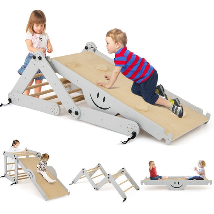 Foldable Wooden Climber Toys with Adjustable & Reversible Ramp Montessori Climbing Set Gray