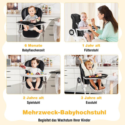 Foldable baby high chair with 6 adjustable heights & removable double trays black