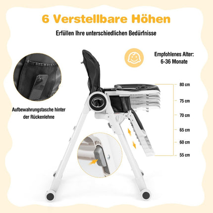 Foldable baby high chair with 6 adjustable heights & removable double trays black