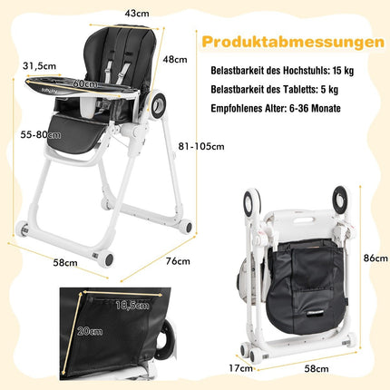 Foldable baby high chair with 6 adjustable heights & removable double trays black