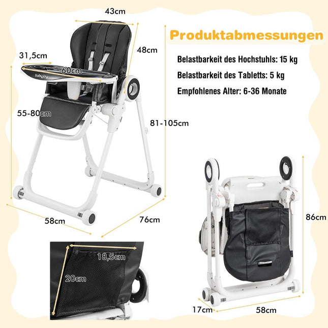 Foldable baby high chair with 6 adjustable heights & removable double trays black