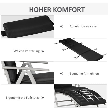 Folding beach chair, adjustable with cushion, black