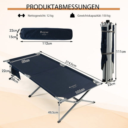 Foldable camp bed XXL 214.5 x 106 cm camping bed with side pocket