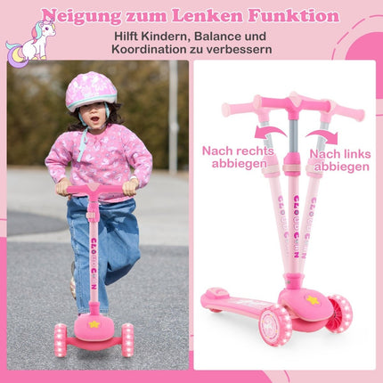 Foldable children's scooter with PU LED wheels and rear brake, height-adjustable scooter, pink