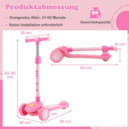 Foldable children's scooter with PU LED wheels and rear brake, height-adjustable scooter, pink