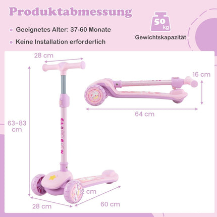 Foldable children's scooter with PU LED wheels and rear brake, height-adjustable scooter, pink