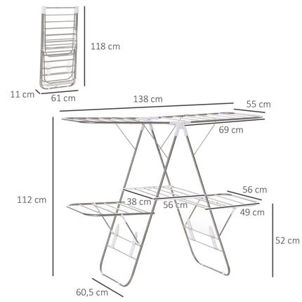 Foldable clothes airer, 3 levels, stainless steel, 138cm