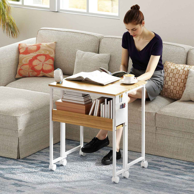 Foldable desk, convertible to side table, open shelf, natural