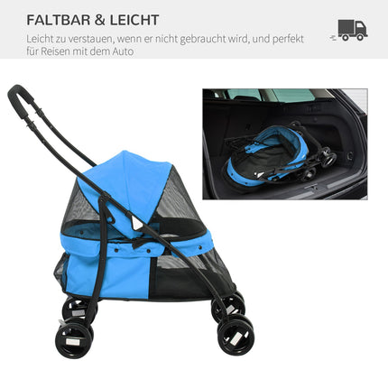 Collapsible dog carriage, mesh window, Oxford blue, safety lines