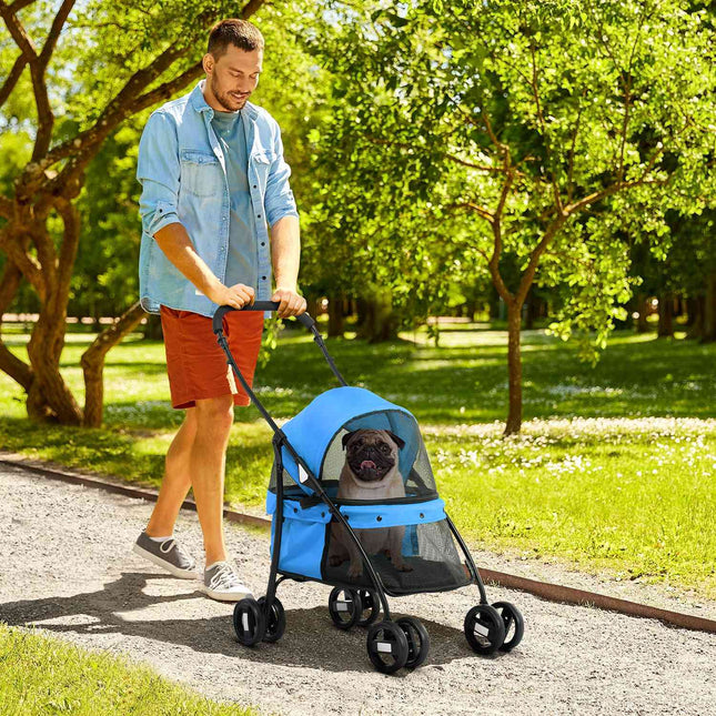 Collapsible dog carriage, mesh window, Oxford blue, safety lines