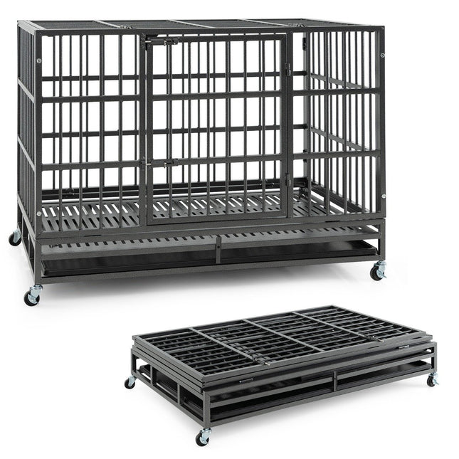 Foldable dog cage with 2 doors &amp; Roles &amp; extendable tray transport cage transport box 120 x 76 x 90 cm