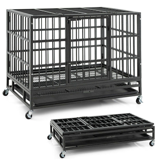 Foldable dog cage with 2 doors &amp; Roles &amp; extendable tray transport cage transport box 96 x 65 x 77 cm