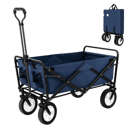 Foldable handcart with adjustable handle and cup holders can hold up to 68 kg for shopping, camping, navy blue