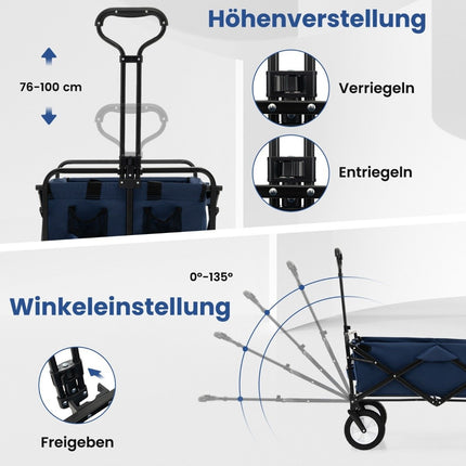 Foldable handcart with adjustable handle and cup holders can hold up to 68 kg for shopping, camping, navy blue