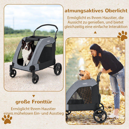 Foldable pet stroller with front door & roof window & adjustable handle. Holds up to 60 kg