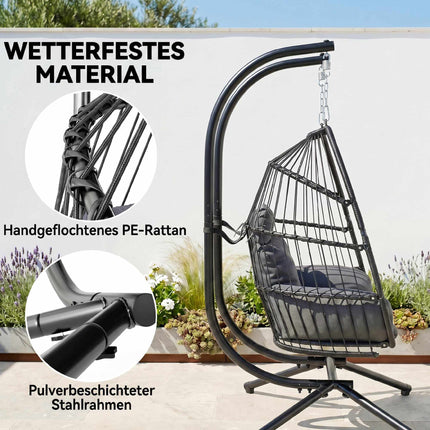 Foldable rattan hanging chair with cushion, dark grey, 260 kg