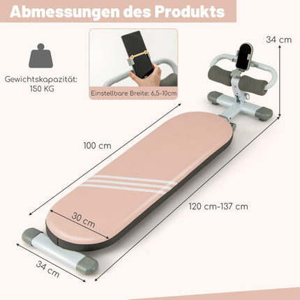 Foldable sit-up bench with 3 adjustable angles and mobile phone holder. Pink training bench.