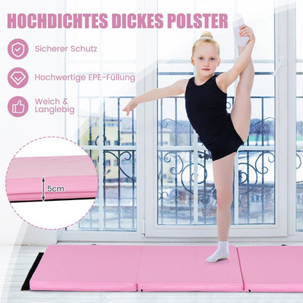 Foldable soft floor mat with 2 handles non-slip gymnastics mat 180 x 60 x 5 cm pink