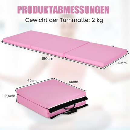 Foldable soft floor mat with 2 handles non-slip gymnastics mat 180 x 60 x 5 cm pink