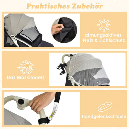 Foldable stroller travel buggy with adjustable backrest & canopy baby stroller with cup holder gray