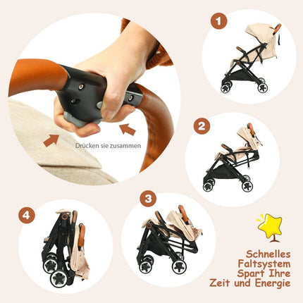 Foldable stroller with adjustable backrest & footrest & canopy Beige