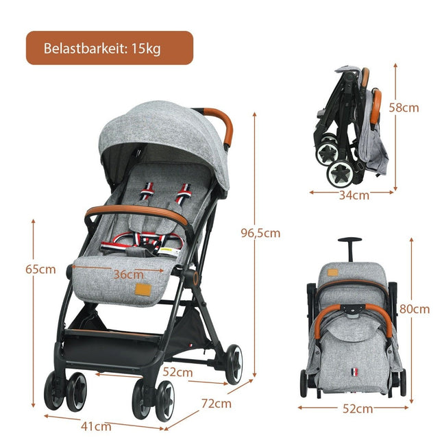 Foldable stroller with adjustable backrest & footrest & canopy gray